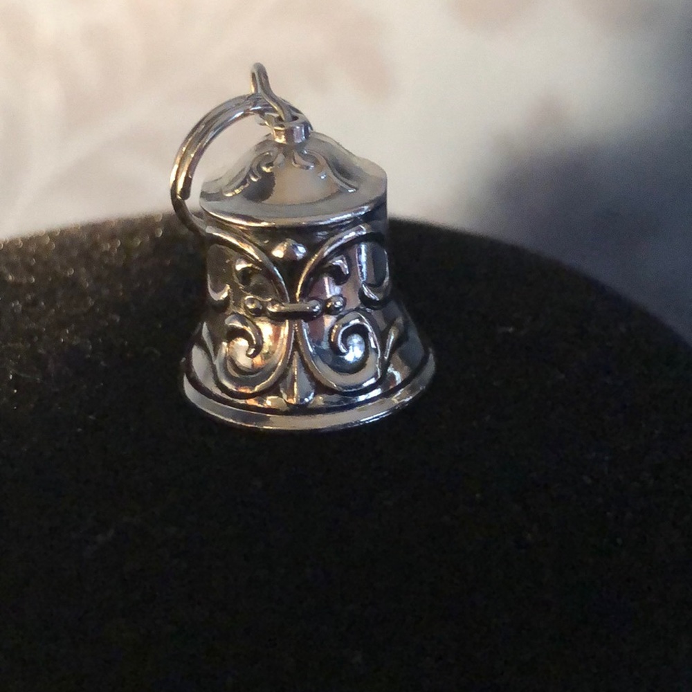Tiny Silver Bell Charm With Fancy Scroll Work 3/4… - image 1